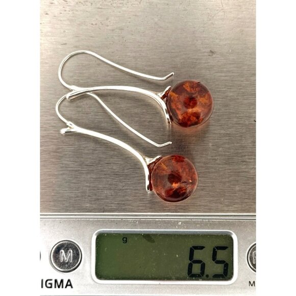 Estate Sterling Silver 925 Amber Ball Drop Dangle Earrings Modern Art Deco 6.5g - Picture 6 of 8